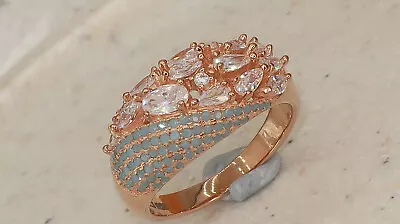 Antique Vintage Style 18ct Rose Gold On Fine 925 Silver Chunky Cz Turquoise Ring • £16.50