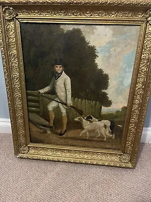Victorian 1850 Oil Painting Sporting Gent With His Two Gun Dogs Oil On Canvas • £500