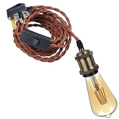 Twisted Brown 5m Fabric Flex Cable Kit Plug In Pendant Lamp E27 Light Fitting • £19.49