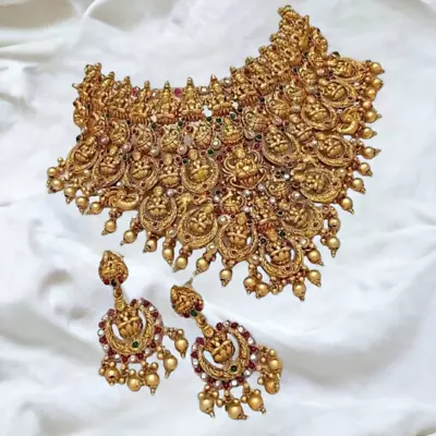 Indian Bridal Temple Jewelry Wedding Gold Plated Choker Necklace Earring Set • $32.39