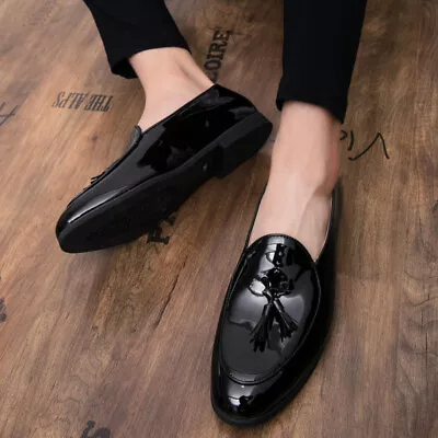 Mens Slip On Patent Leather Loafers Pointy Toe Formal Oxfords Dress Shoes Black • $44.98