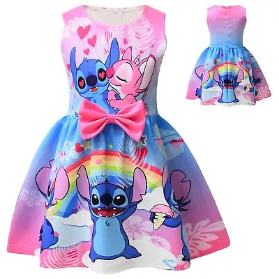 Kids Girls Lilo And Stitch Costume Bowknot Skirts Princess Party Fancy Dress UK • £10.35