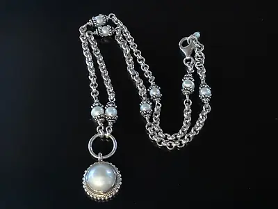 Necklace Mabe Pearl 12mm & 6mm Freshwater Sterling Silver 18k Gold Band Estate • $94.95