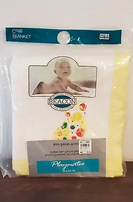 Beacon Acrylic Baby Blanket White Yellow Trim Bear Drums Crib USA Vintage 1675 • $20.99