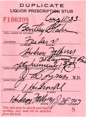 Prohibition Whisky Prescription Doctor Stub Bar Bentley Blake NY 8/11 1933 • $25