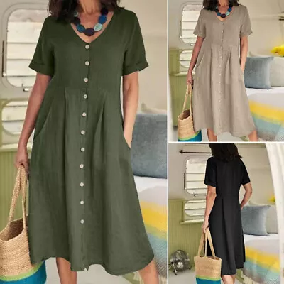 ZANZEA Womens Summer V-neck Short Sleeve Cotton Button Pocket Loose Midi Dress • $23.74