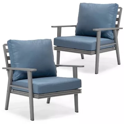 LeisureMod Walbrooke Outdoor Patio Grey Aluminum Armchairs Set Of 2 Navy Blue • $980.30
