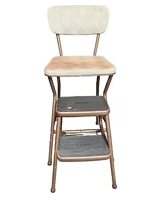 Vintage Mid-Century Cosco Step Stool Pull Out Steps Brown W/Printed Vinyl Seat • $119.99