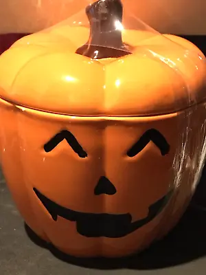 Halloween Ceramic Pumpkin Jack-o-lantern Cookie Jar Canister Orange Black New • $21