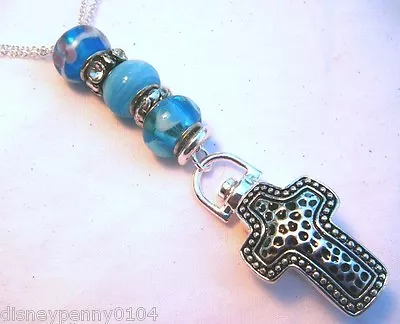 Antique Inspired Cross ID Lanyard Light BLUE Murano Beads-Nurse RN Teacher-31  L • $14