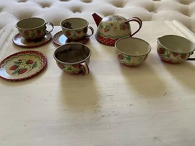 Vintage Child’s Strawberry Metal Tea Set By Wolverine Teapot Creamer Sugar Cups • $20