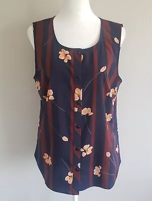 CAbi Blouse Top Size M Floral Stripe Button Front Sleeveless Navy Burgundy • $14.99