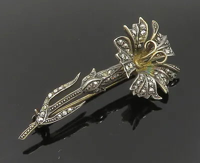 GERMANY 925 Sterling Silver - Vintage Carved Flower Marcasite Brooch Pin- BP9399 • $71.25