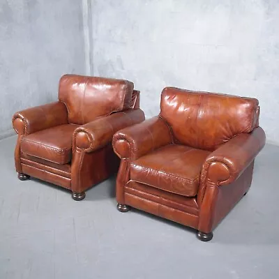 Restored Vintage Leather Armchairs: Rich Cognac Brown Elegance • $4875