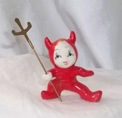 Vintage Mini Figurine Lil RED DEVIL & Metal TRIDENT PITCHFORK LEFTON ? Japan 1½  • $34.95