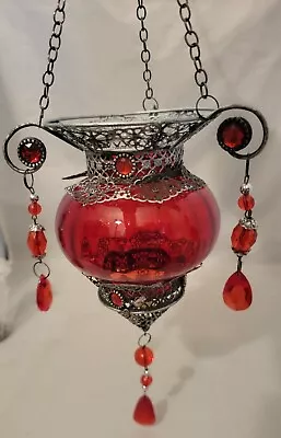 Moroccan Red Glass Hanging Tea Light Holder Ornate Decorative Beautiful Decor  • $14.99