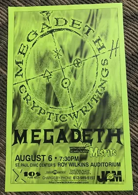 1997 Vintage Poster Megadeth  Cryptic Writings  Tour W/ Misfits @ Roy Wilkins • $9.95