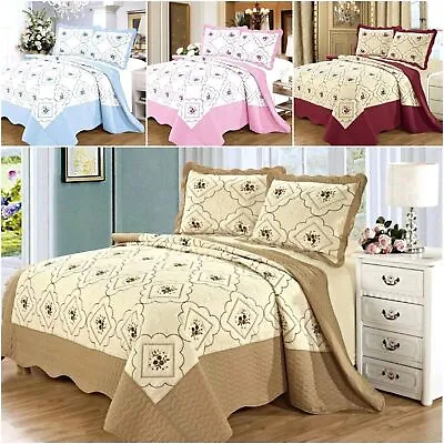 3PCs Quilted Cotton Bedspread Embroidery Bed Throw Comforter With 2 Pillow Cases • £23.99