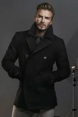 Black Wool Coat Mens Double Breasted Peacoat Black Double Breasted Coat • $130.02