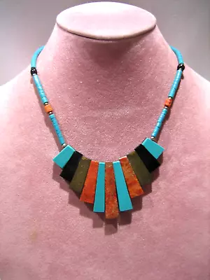 Vintage Turquoise Spiny Oyster & Onyx Southwestern Necklace • $80.98