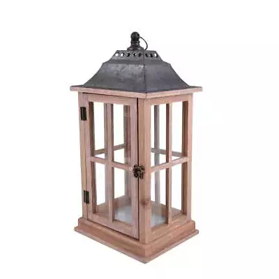 Medium Rustic Wood Candle Holder Lantern Metal And Glass For Parties Weddings • $27.84