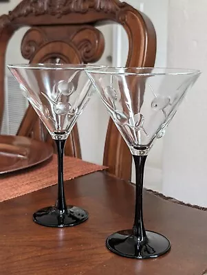 Martini Glass Set Of 2 Raised Olives & Toothpicks Black Stem Retro Barware 7.25  • $30