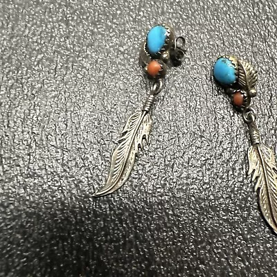 Vintage Navajo Sterling Silver Turquoise & Coral  Feather Earrings • $44