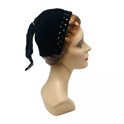 Vintage 1940s Snood Hat Black Velvet Rhinestone Headband Old Hollywood • $103.60