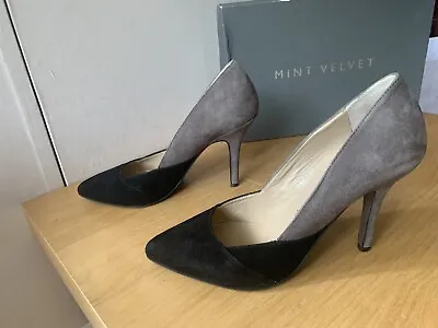 Mint Velvet Black Grey Suede High Kitten Heel Court Shoes Size 5 RRP £99 • £34.95