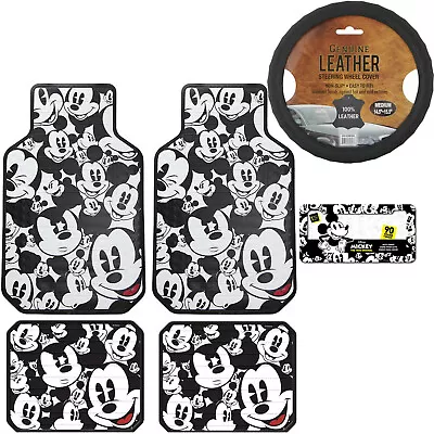 6pc Set Mickey Mouse Car Truck Front Rear Vinyl Floor Mats Steering Wheel Cover • $88.72