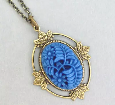 Art Deco Necklace Antiqued Brass Blue Flower Cabochon Artisan Handmade USA • $17