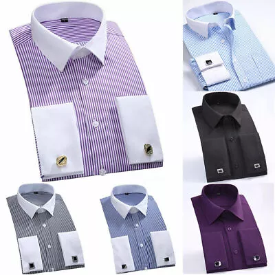 Collar Cuff Dress White French Shirts Men's Casual Striped CS340 Business Luxury • $19.35