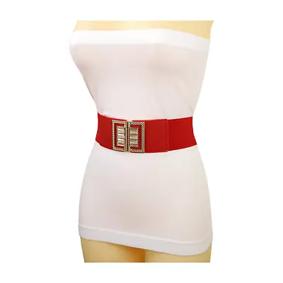 Women Red Elastic Wide Fashion Cool Chic Belt Bling Metal Square Buckle Size S M • $14.90