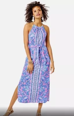 Lilly Pulitzer Bingham Halter Midi Dress Soleil Pink Palm NWT Women's Size XXS • $130
