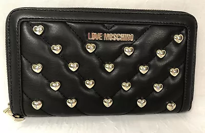 Love Moschino Black Leather Zip Around Quilted Wallet Nappa Gold Heart Studs • $49.99