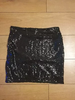 H&M Black Elasticated Sequin Lined Mini Skirt Size M/12 VGC • £3.50