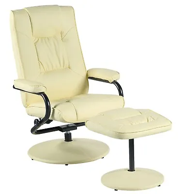 £129.95 • Buy Swivel Lounge Recliner Chair High Back & Foot Stool Armchair Cream Faux Leather