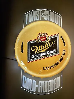 VTG Miller Genuine Draft Beer Bottle Cap Twist & Shout Cold Filtered Light Sign • $124.99
