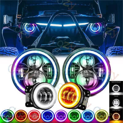 7  Muti-Color Halo LED Headlights +4  Fog Lights For Jeep Wrangler JK 2007-2017 • $69.99