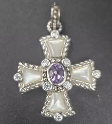 Judith Ripka Designer 2  Sterling Silver CZ MOP Amethyst Cross Pendant Enhancer • $108.75