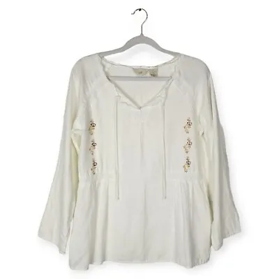 J. Jill 100% Linen White Lace Cross Stitch Inspired Floral Top Size XS • $35