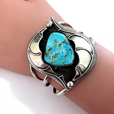 Vintage Navajo Turquoise Sterling Big Cuff Bracelet Signed (1509) • $165