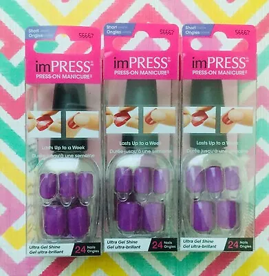 3x NEW Kiss Nails Impress Press On Manicure Short Gel Purple Velvet Rope 24 Ct • $16.50