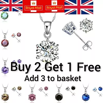 Womens 925 Silver Cubic Zirconia Crystal Necklace Pendant Stud Earring Set *UK* • £4.99