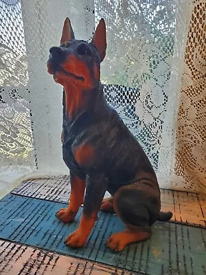 Vintage Sandicast Black Doberman Pinscher Dog Figurine  Glass Eyes RARE Sitting • $55