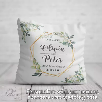 MR & MRS Cushion Personalised Wedding Gift Bride Groom Couple Green Foliage Son • £21.99