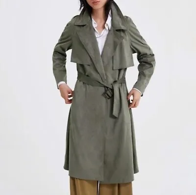 Zara Olive Green Faux Suede Double Breasted Trench Coat Women's Size XS  • $64.99