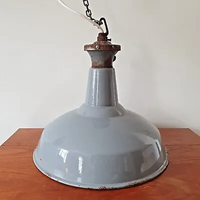 £100 • Buy Working Vintage Industrial Enamel Hanging Grey Pendent Lamp - Wired With Chain 