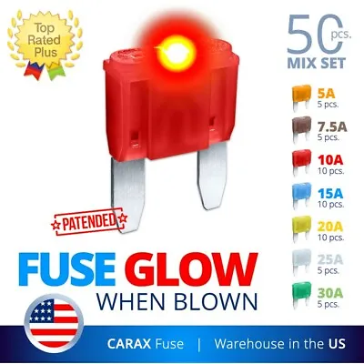 Fuse MINI Blade 50 MIX Set Smart Glow Fuse CAR LED GLOW WHEN BLOWN Easy Identify • $34.88
