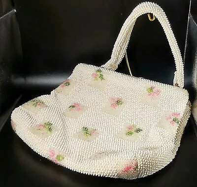 Vintage Lumured Corde White Beaded Purse With Floral Designs 8 By 10 Inches • $18.95